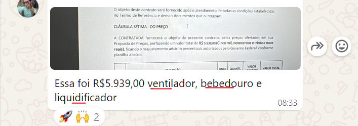 Karina fecha venda com ventilador, bebedouro e liquidificador, mostrando que o governo compra produtos comuns.