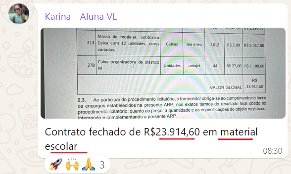 Karina registra contrato de material escolar, um exemplo de nicho simples com demanda pública real.