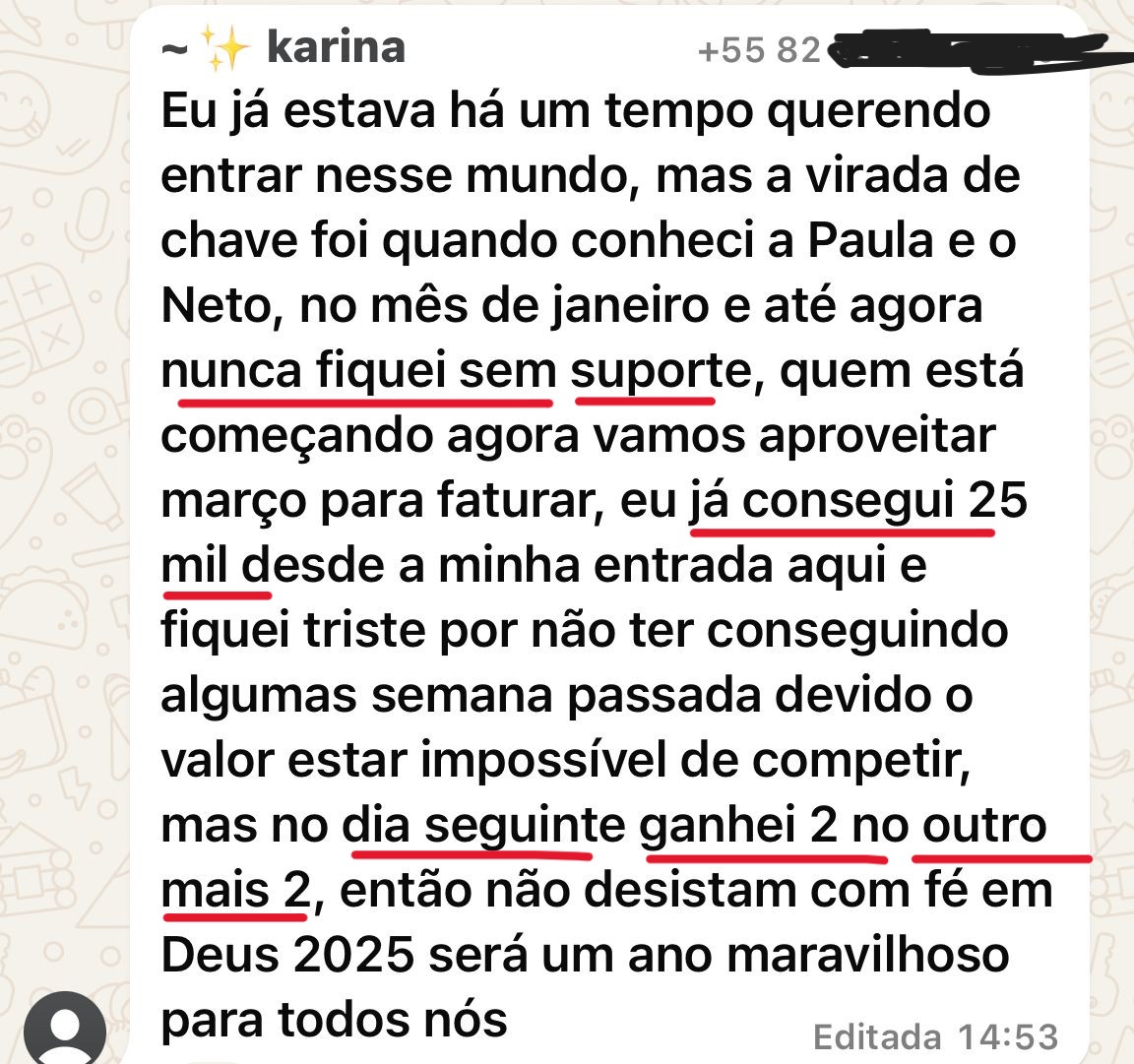 Karina mostra resultado contínuo enquanto segue usando o suporte para evoluir na operação.