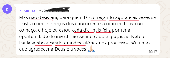 Karina compartilha uma mensagem que reforça consistência, paciência e confiança no processo.