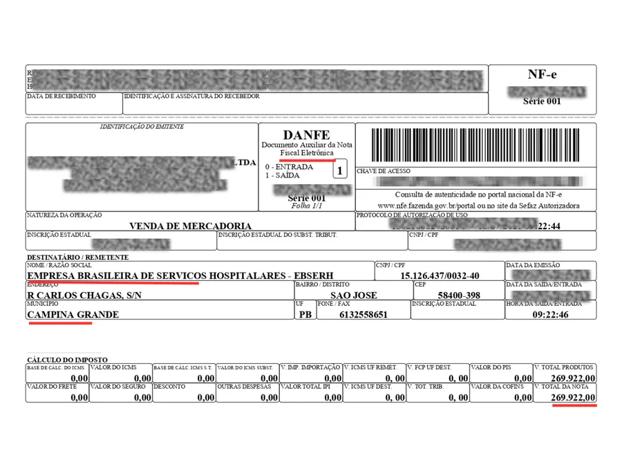 Nota fiscal de R$269 mil HUAC/EBSERH