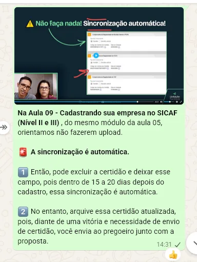Dúvida sobre SICAF respondida com referência à aula